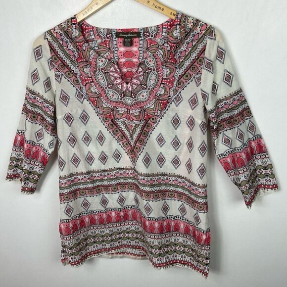 Tommy Bahama Silk Blend‎ Bohemian Hippie Peasant Blouse Size XS Pink Print Boho - Picture 15 of 16